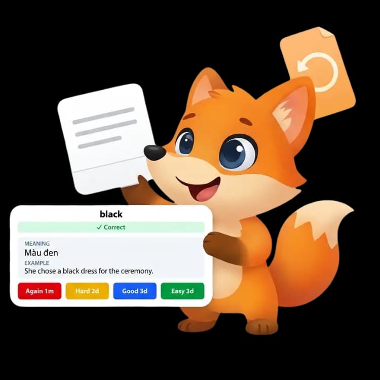 A fox mascot presenting spaced repetition flashcards